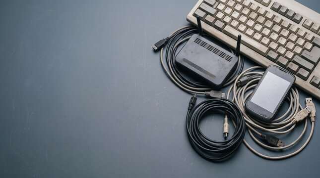 Collection of Obsolete Electronic Waste with Dusty Keyboard Wireless Router and Cracked Smartphone for Recycling Concept