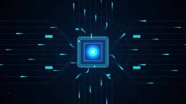 This animation shows a neural network processing data within a glowing blue digital circuit. The network's nodes and connections illuminate as information flows through the system, creating a futurist