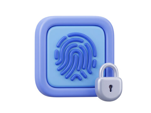 Biometric Fingerprint Security Button Rendered in Soft 3D Periwinkle Blue with Embossed Swirling Print Pattern and a Closed Metallic Padlock Placed at the Lower Right Corner
