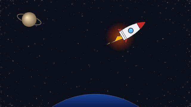  Cartoon Space Rocket Flying Through Starry Galaxy Past Saturn Ring Planet