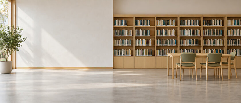 日差しが差し込む図書館の閲覧室と木製テーブル