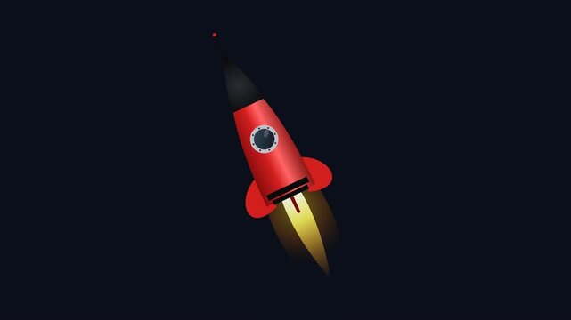 Retro red rocket flying through outer space 3D animation isolated on a black background