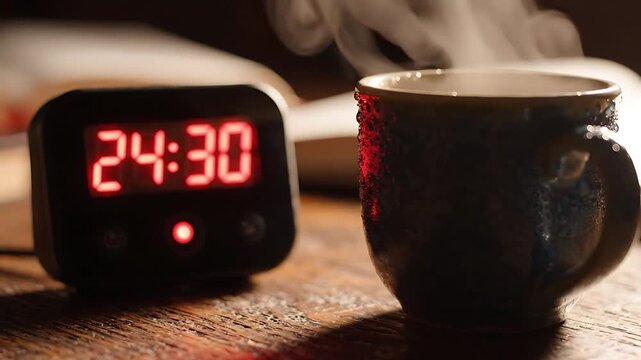 Digital Clock Displays Time-Lapse Footage of a Steaming Mug, Transitioning From 25:00 to 24:15. with Animation