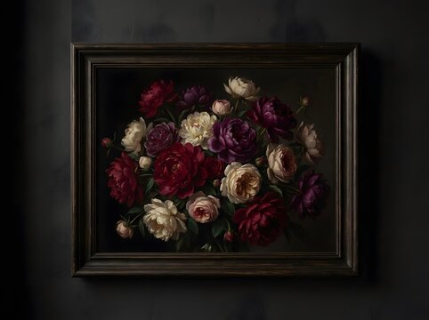 Dark floral painting of peonies and roses in an ornate wooden frame