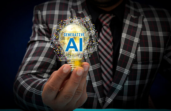 Innovative Generative AI idea, person holding bulb talking about artificial intelligence, future tech concept