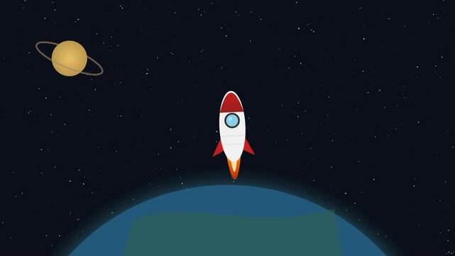 Cartoon rocket spaceship launching from earth into outer space in flat vector animation loop