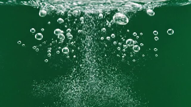 Macro air bubbles rising in deep green liquid slow motion, carbonated beverage fizz and effervescence
