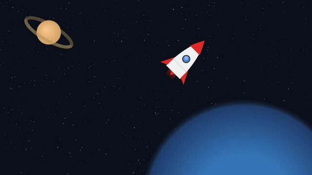 Cartoon Space Rocket Flying Past Planets in Dark Outer Space Minimalist Animation Loop