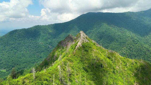 Chimney Tops in summer. Forest on Appalachian mountain hills in Tennessee. Summertime landscape of beautiful nature.