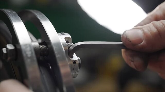 Metal Bolt Tightening with Wrench, Demonstrating Industrial Repair and Maintenance Procedures in a Workshop Setting.