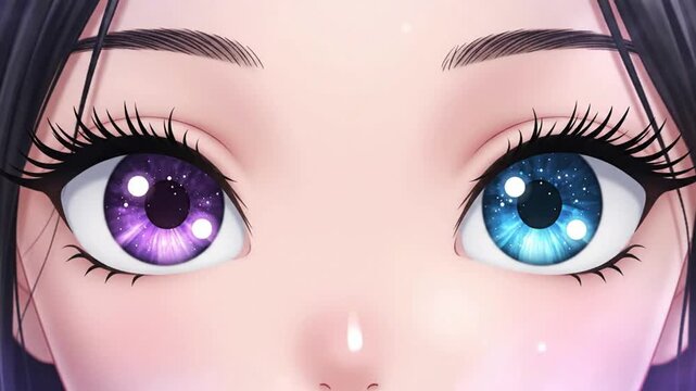 Anime girl close-up eyes with galaxy universe cosmos iris and glowing stars animation loop for sci-fi fantasy