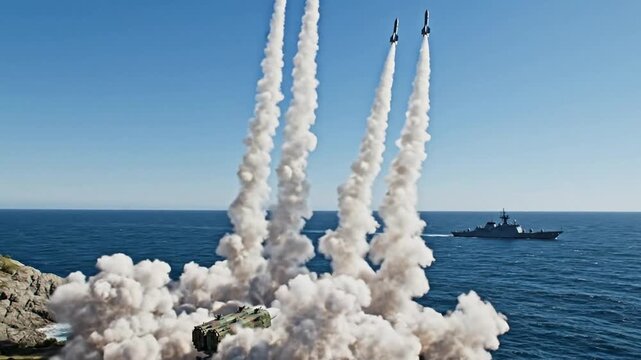 Powerful military missile launch sequence from coastal battery toward ocean waters with naval warship in background