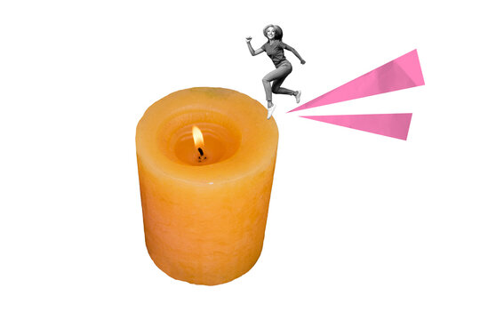 Full 3d zine pop trend collage of happy girl run candle light fire blackout illumination wax retro candlelight aesthetic