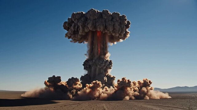 Massive nuclear explosion mushroom cloud rising over desert landscape, powerful atomic blast and devastation shockwave