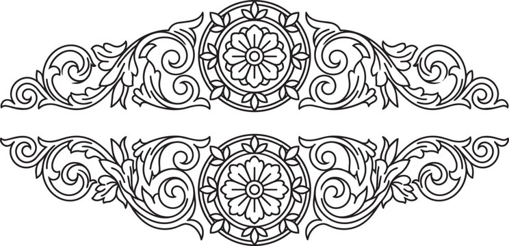Symmetrical decorative border with two circular floral medallions connected by scrolling acanthus leaves on a white background