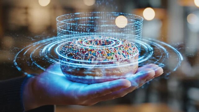 Holographic donut with glowing blue digital particle interface scans and projects sweet pastry in futuristic tech environment