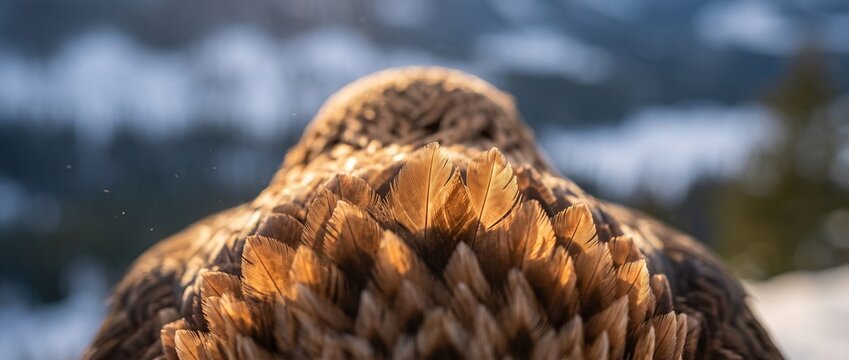 Golden Eagle's Majestic Feathers: A close-up view of the intricate, golden-brown feathers on the back of a majestic golden eagle, with a soft-focus winter landscape in the background.