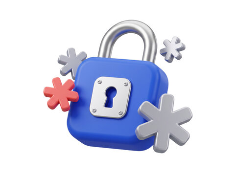 3D Blue Padlock with a Brushed Silver Shackle, a Screwed Metal Keyhole Plate, and Three Silver Asterisks Plus One Coral Red Asterisk Floating Around It