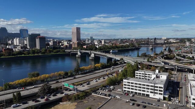 Downtown Portland Oregon Skyline and Interstate 5 Freeway Along Willamette River 4K Aerial Drone Video