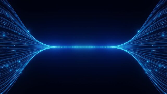 3D render glowing blue digital particle lines channeling big data across a high-speed network, creating an abstract futuristic technology connection background.