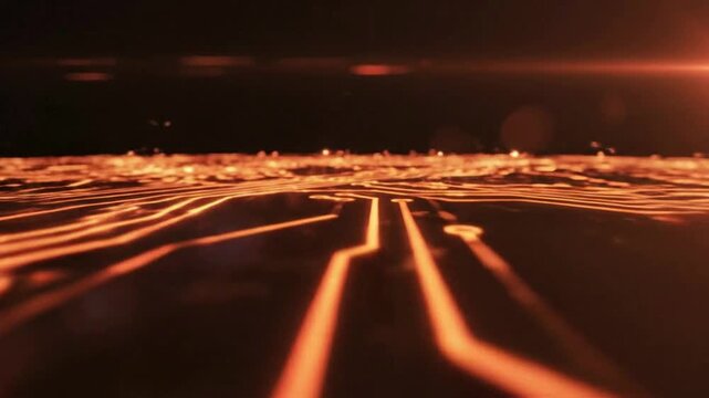 Futuristic circuit board animation with glowing orange data streams and lens flare effects for tech backgrounds