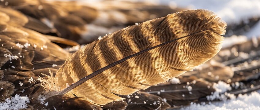 Brown Feather in Snow: A close-up macro shot of a brown bird feather with intricate patterns, lying on a bed of white snow, catching the golden light of the sun.