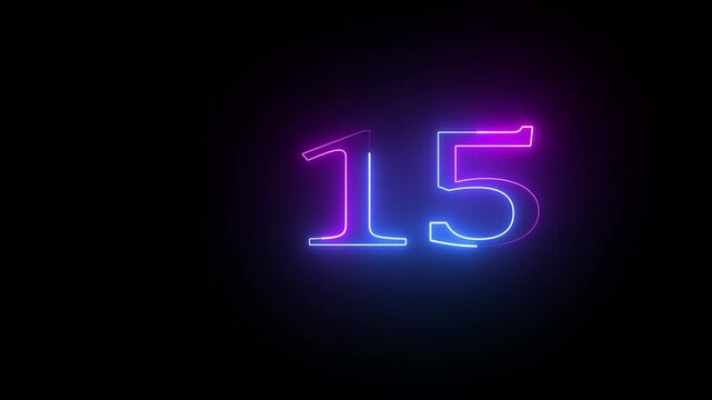 Glowing purple and blue neon number fifteen countdown digit on black background an with and color gradient against a dark