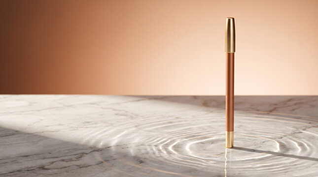 Rose Gold Cosmetic Pen Standing on White Marble Surface With Concentric Water Ripple Caustics and Warm Gradient Background
