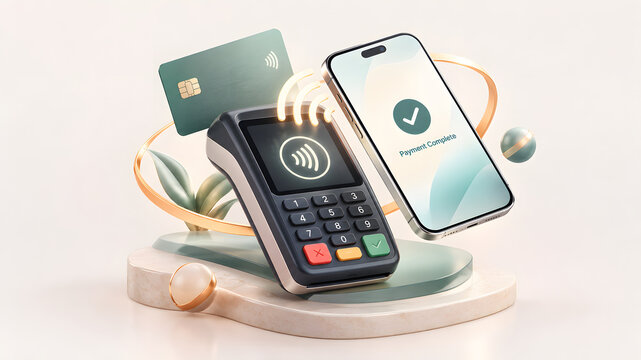 Contactless payment terminal with credit card and smartphone displaying completion message