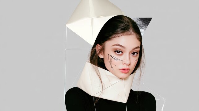 Geometric Fashion Art: Woman with Abstract Origami Headpiece and Face Paint