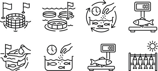 Fototapeta premium Commercial aquaculture and fish farming management icon set featuring line art vector illustrations of cages feeding schedules scales and sun drying