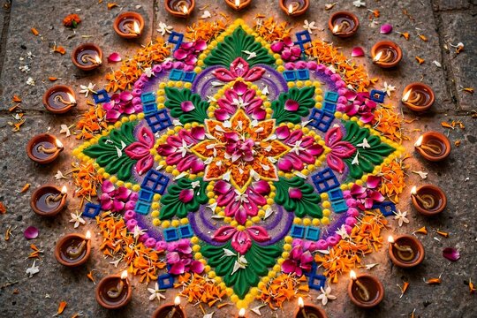 Colourful rangoli pattern with flower petals and lit diya lamps from above