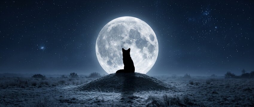 Lone Wolf's Serenade: A solitary wolf, silhouetted against a giant full moon, sits atop a hill under a starry night sky, its gaze fixed on the celestial spectacle.