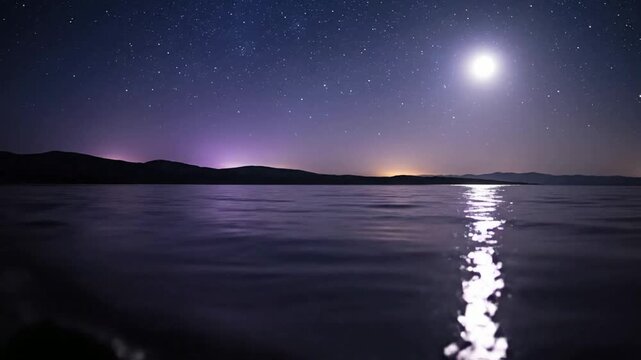 Serene night landscape with moonlit water, shimmering moonlight reflection on lake surface, starry night sky, and distant horizon mountains
