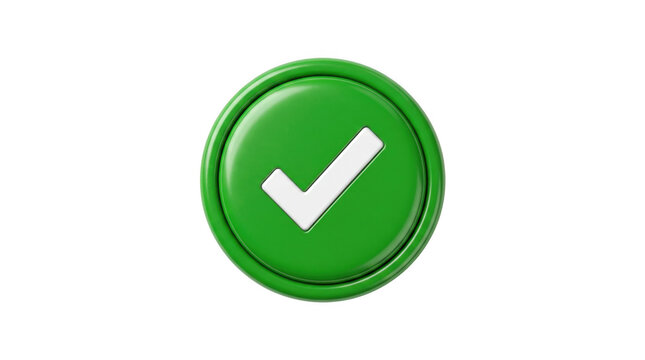 Green checkmark button in a circle with a white tick mark on a plain surface symbolizing approval and success