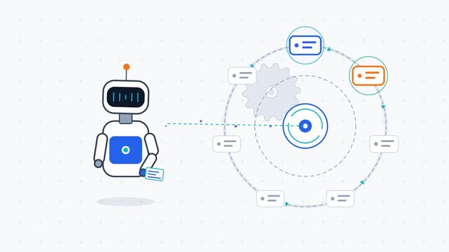Cute robot processing data and managing workflow in animated infographic animation also transparent background
