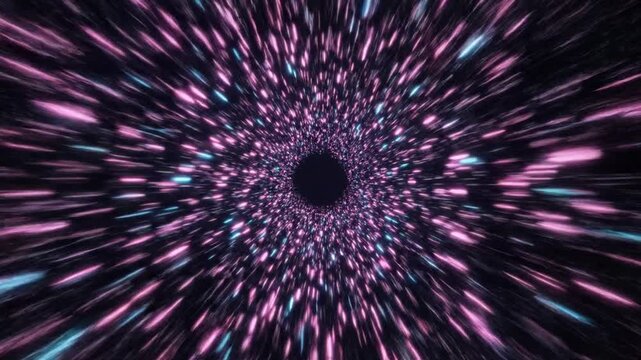 High-speed hyperspace warp tunnel with glowing pink and blue neon light streaks for sci-fi background