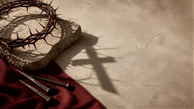 Crown of thorns and nails on stone with cross shadow on sand. Christian symbols of passion of Christ.