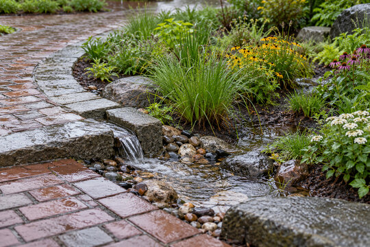 Rain garden receiving runoff beside a permeable path