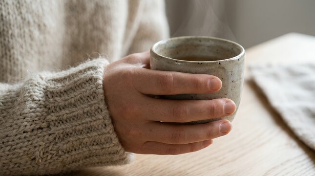 Cozy ceramic mug, warm beverage in hands, steaming coffee or tea, comforting drink for relaxation and hygge lifestyle