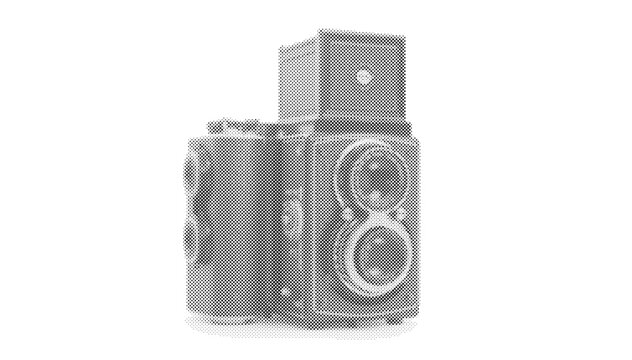 Classic antique halftone twin lens reflex camera vector dot pattern vintage photography equipment stipple illustration