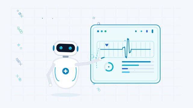 Cute medical robot analyzing ekg heart rate monitor chart in flat animation style also transparent background