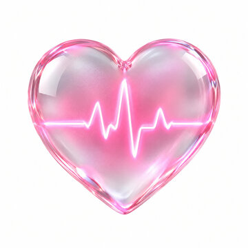 Pink glass heart with a glowing neon heartbeat line on a white background