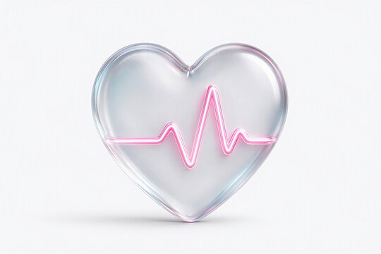 Pink glass heart with a glowing neon heartbeat line on a white background