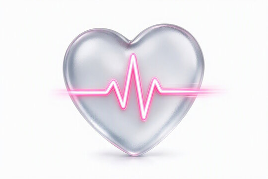 Pink glass heart with a glowing neon heartbeat line on a white background