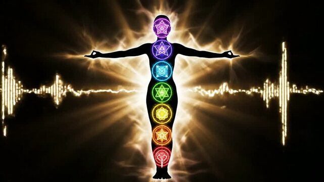 Glowing seven chakras energy body silhouette with sound wave equalizer for meditation and spiritual healing