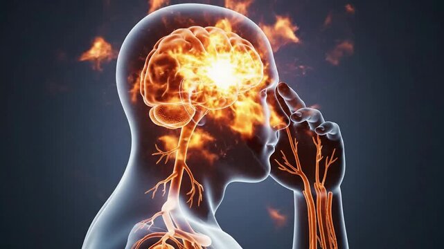 Human head anatomy animation with glowing brain catching fire representing severe migraine headache and mental stress