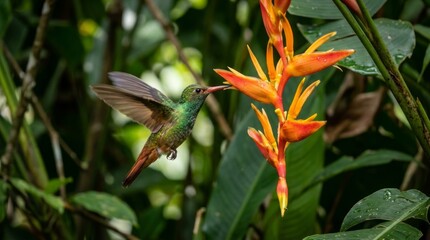 Fototapeta premium Hummingbird Feeding on Tropical Flower