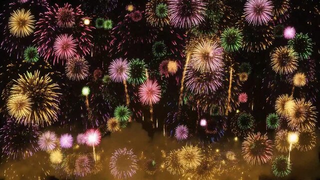 Vibrant colorful fireworks exploding brilliantly across the dark night sky during grand celebration video footage