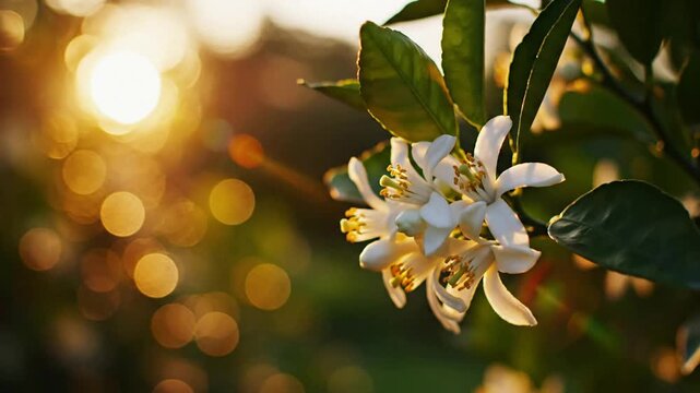 White citrus blossoms blooming in golden hour sunlight with magical lens flare and bokeh background, orange blossoms